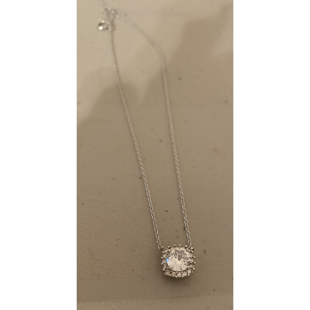 Sterling Silver Cubic Zirconia Halo Solitaire Necklace 18” Cushion Cut 925